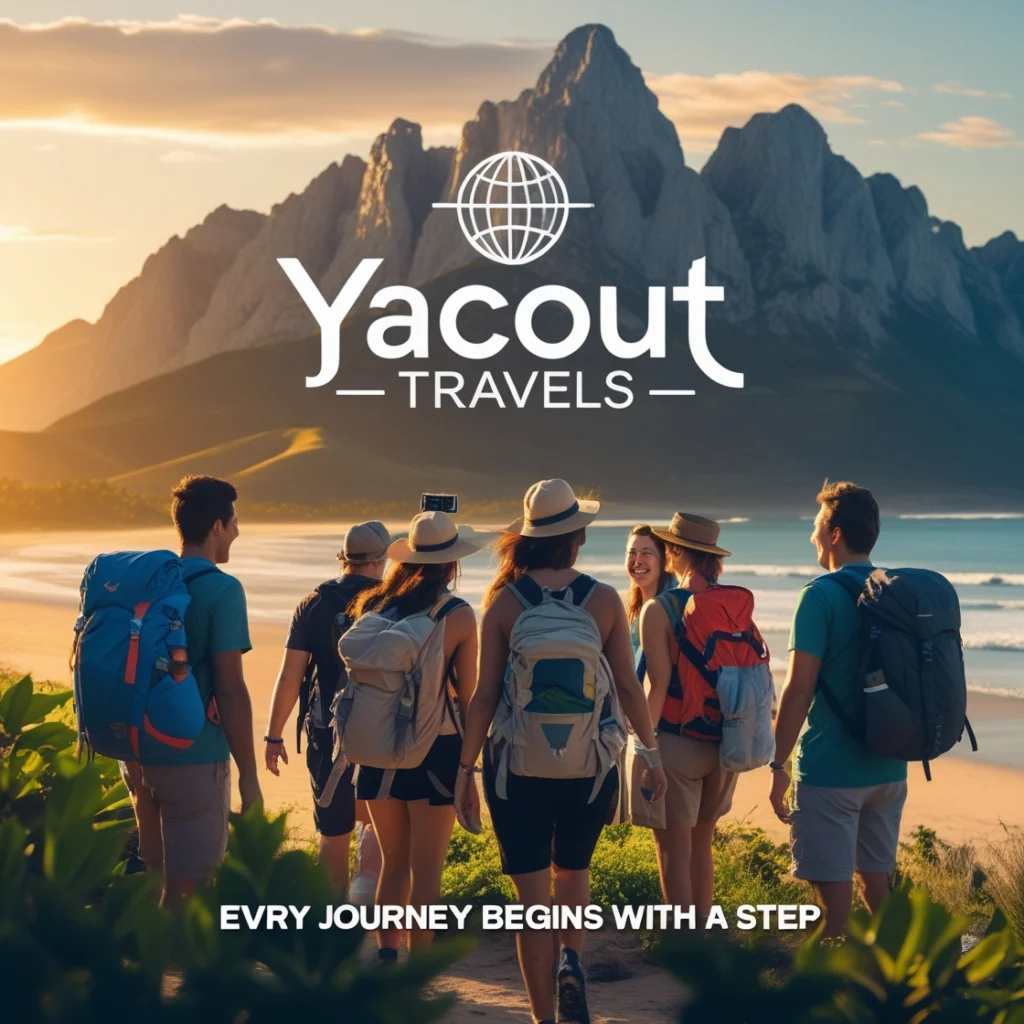 Travelers exploring nature at sunset, with a scenic view of mountains and the sea, featuring the Yacout Travels logo and an inspirational quote about beginning a journey.